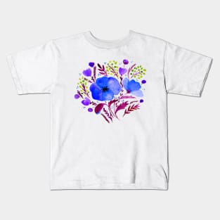 Watercolor poppies bouquet - electric blue and purple Kids T-Shirt